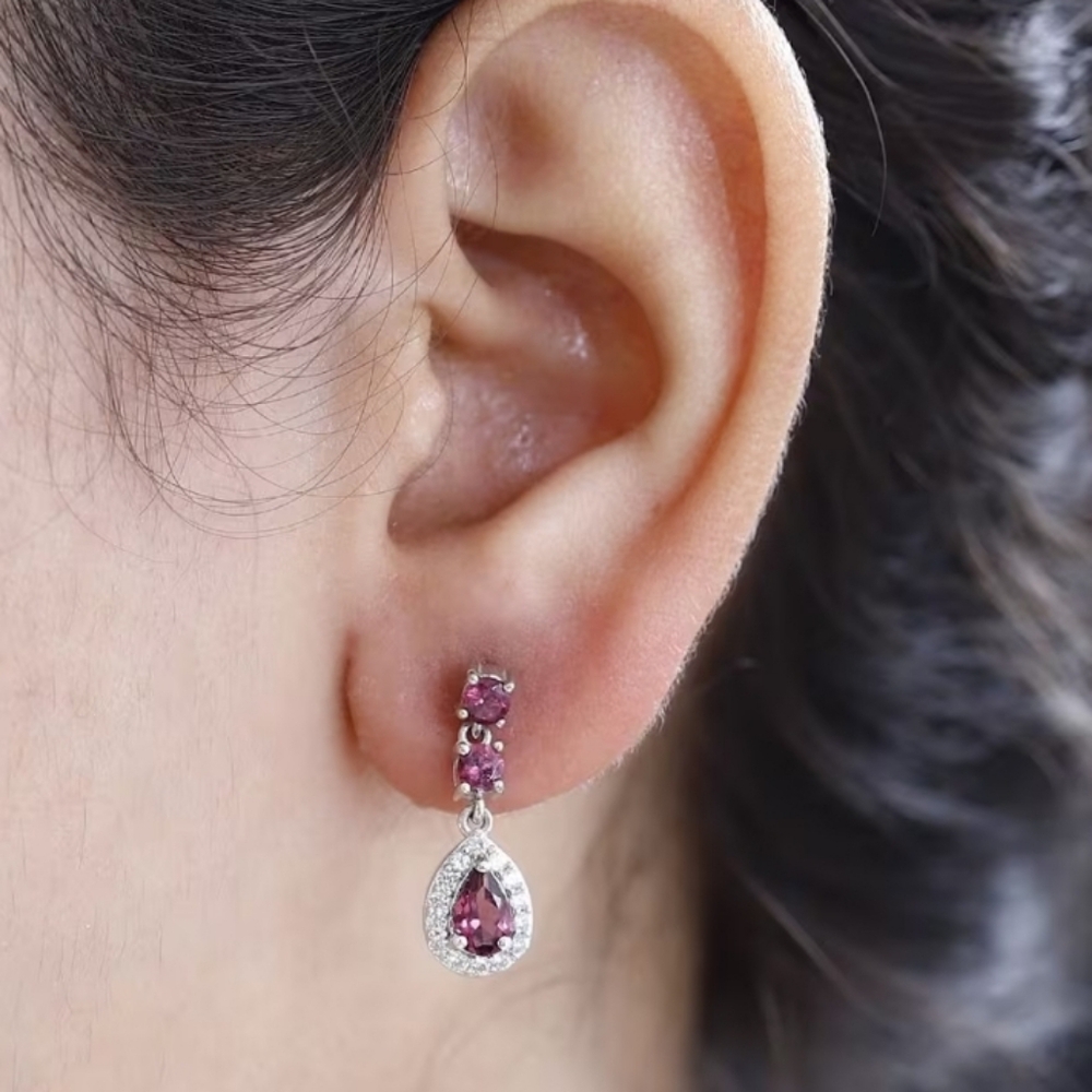 Tanzanian Wine Garnet & White Zircon Earrings in Rhodium & Sterling Silver 2 Cts - Picture 4 of 8